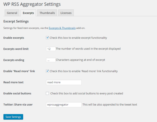 Excerpts settings