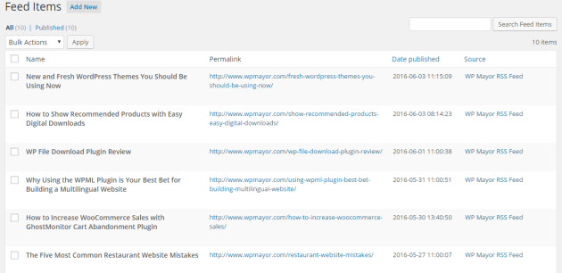 Feed Items preview.