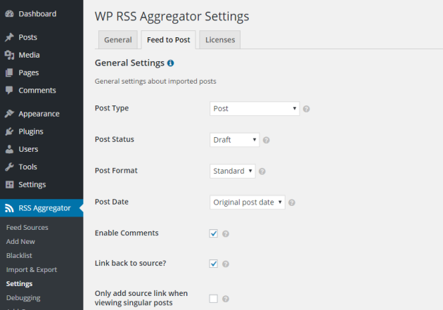 Feed to Post settings screen.