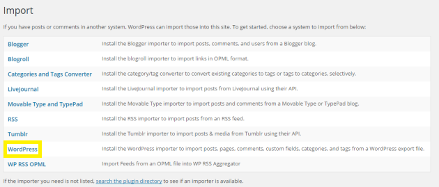 WordPress link on Import screen.