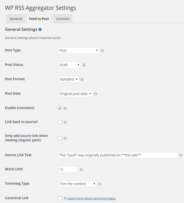 Feed to Post settings.