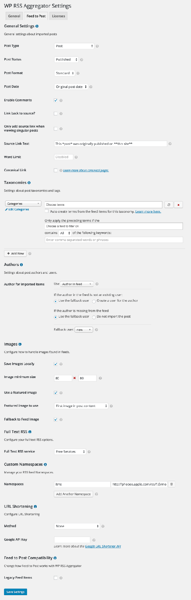 The Feed to Post settings page.