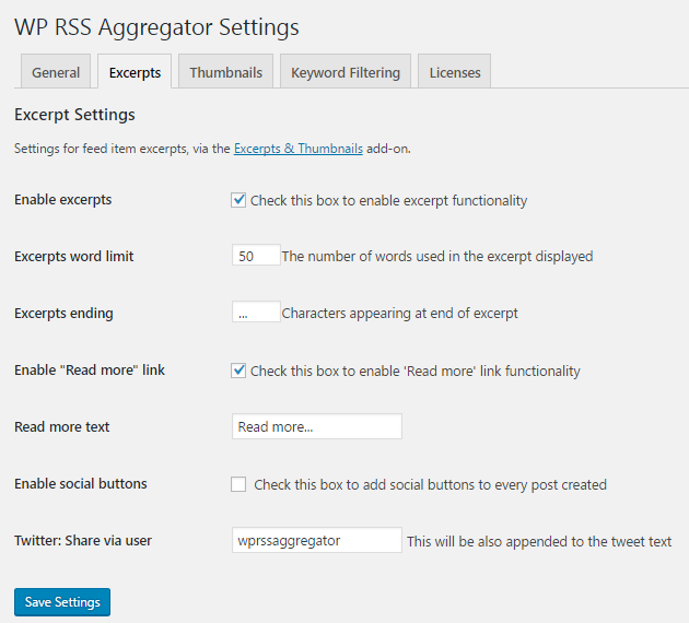 Excerpts settings.